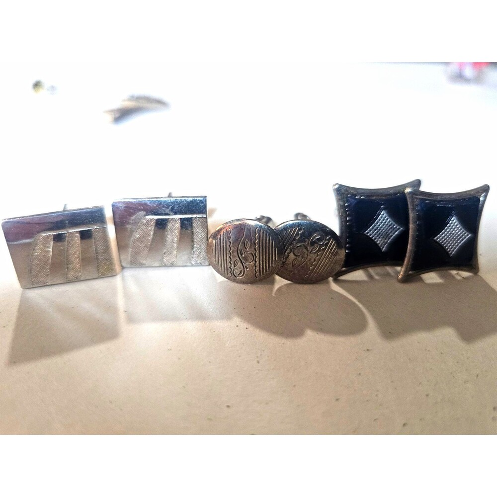 Men’s Bullet Back Rectangle Cufflinks & Studs Lot, Silver Tone Black Enamel